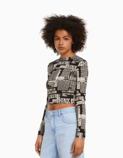 BERSHKA T-shirt à manches longues imprimé Rouge Outlet
