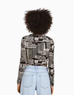 BERSHKA T-shirt à manches longues imprimé Rouge Outlet