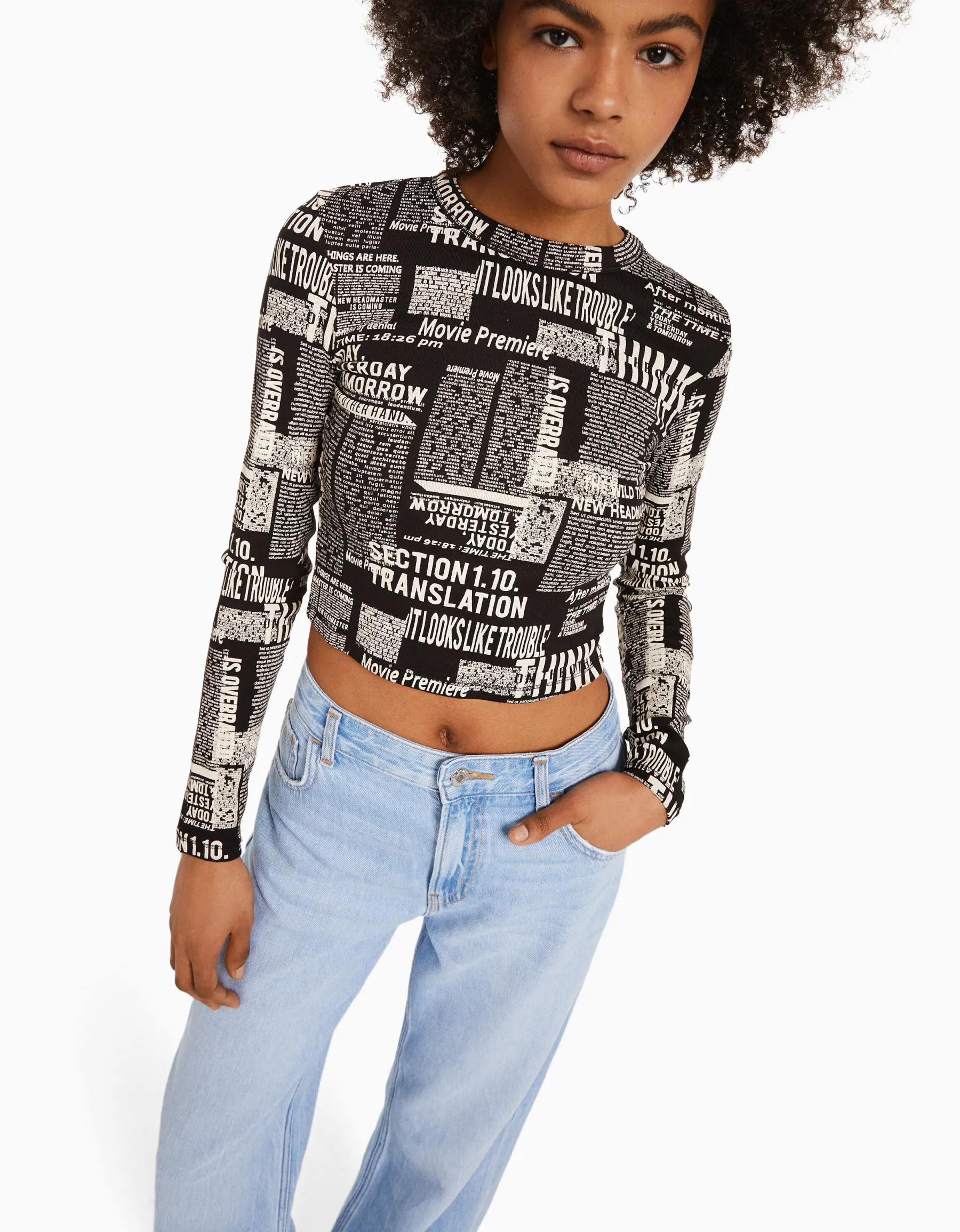 BERSHKA T-shirt à manches longues imprimé Rouge Outlet