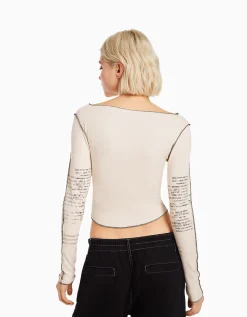 BERSHKA T-shirt à manches longues imprimé Sable Cheap