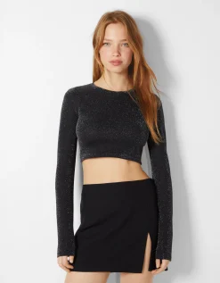 BERSHKA T-shirt ajusté à manches longues Noir Sale