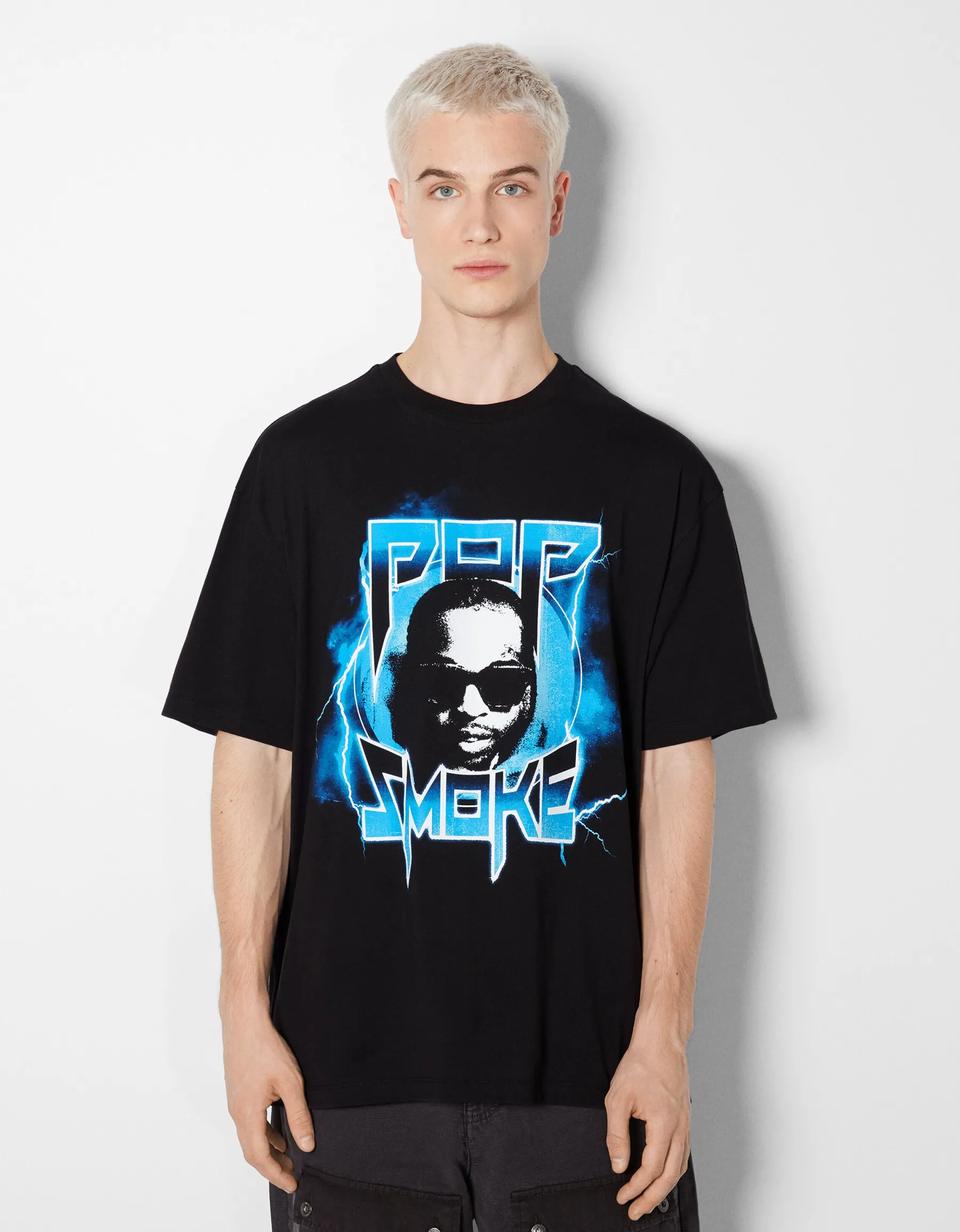 BERSHKA T-shirt boxy fit Pop Smoke Noir Clearance