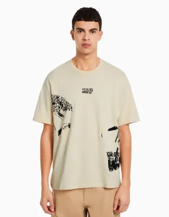 BERSHKA T-shirt boxy manches courtes imprimé Camel Cheap