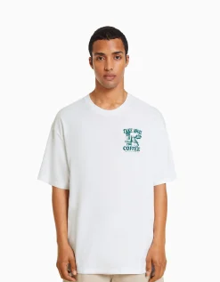 BERSHKA T-shirt boxy manches courtes imprimé Blanc Cheap