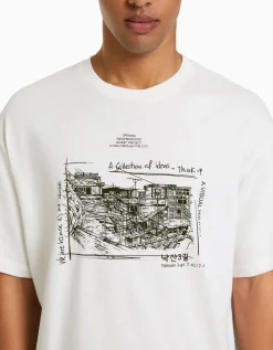 BERSHKA T-shirt boxy manches courtes imprimé Blanc Store