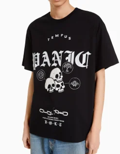 BERSHKA T-shirt boxy manches courtes imprimé Noir Hot