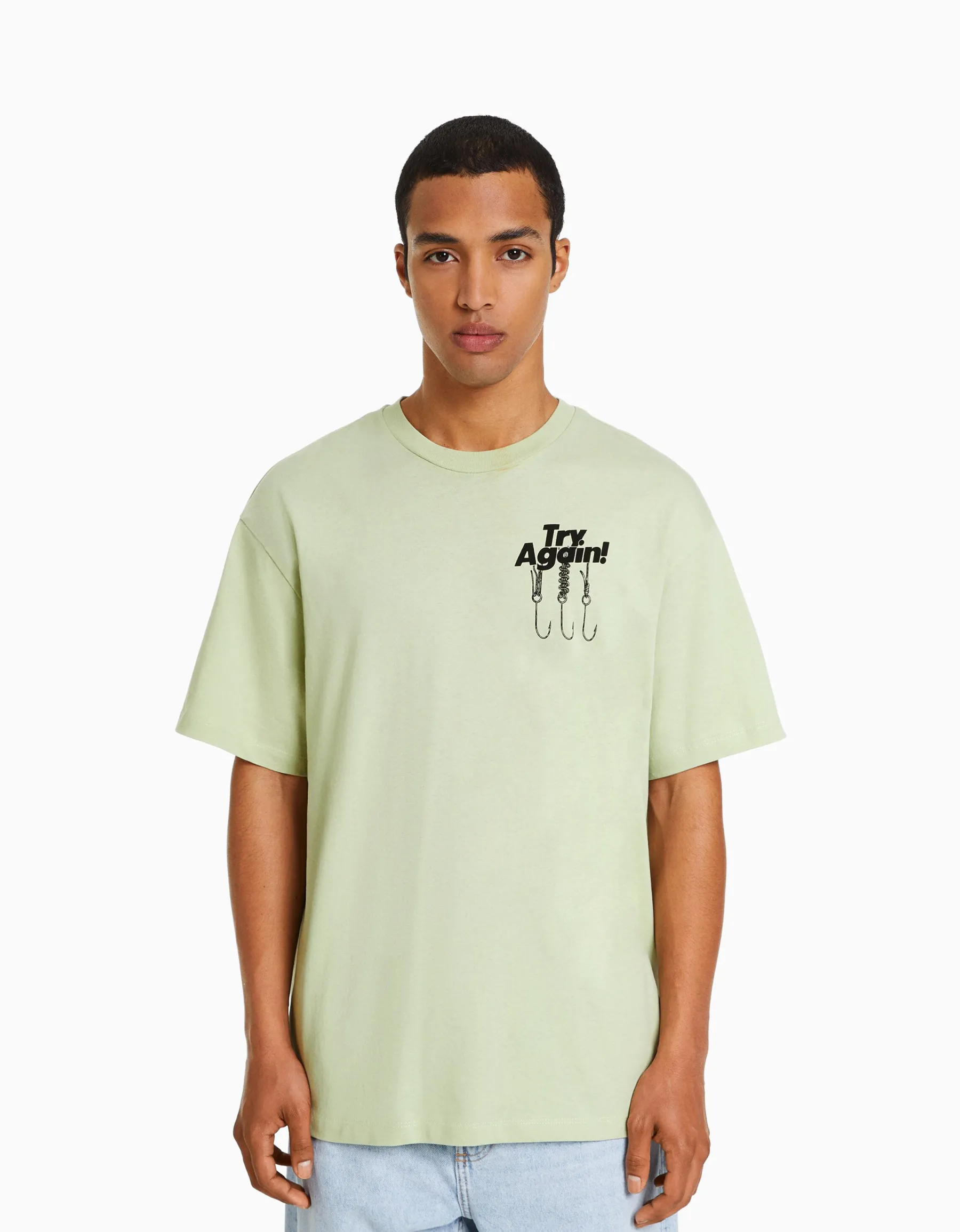 BERSHKA T-shirt boxy manches courtes imprimé Vert Store