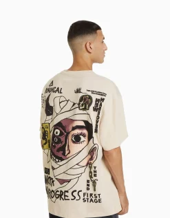 BERSHKA T-shirt boxy manches courtes imprimé Noir Best