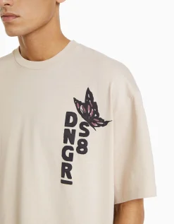 BERSHKA T-shirt boxy manches courtes imprimé Noir Best