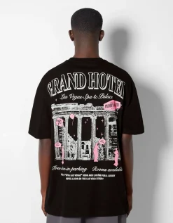 BERSHKA T-shirt boxy manches courtes imprimé Blanc Flash Sale