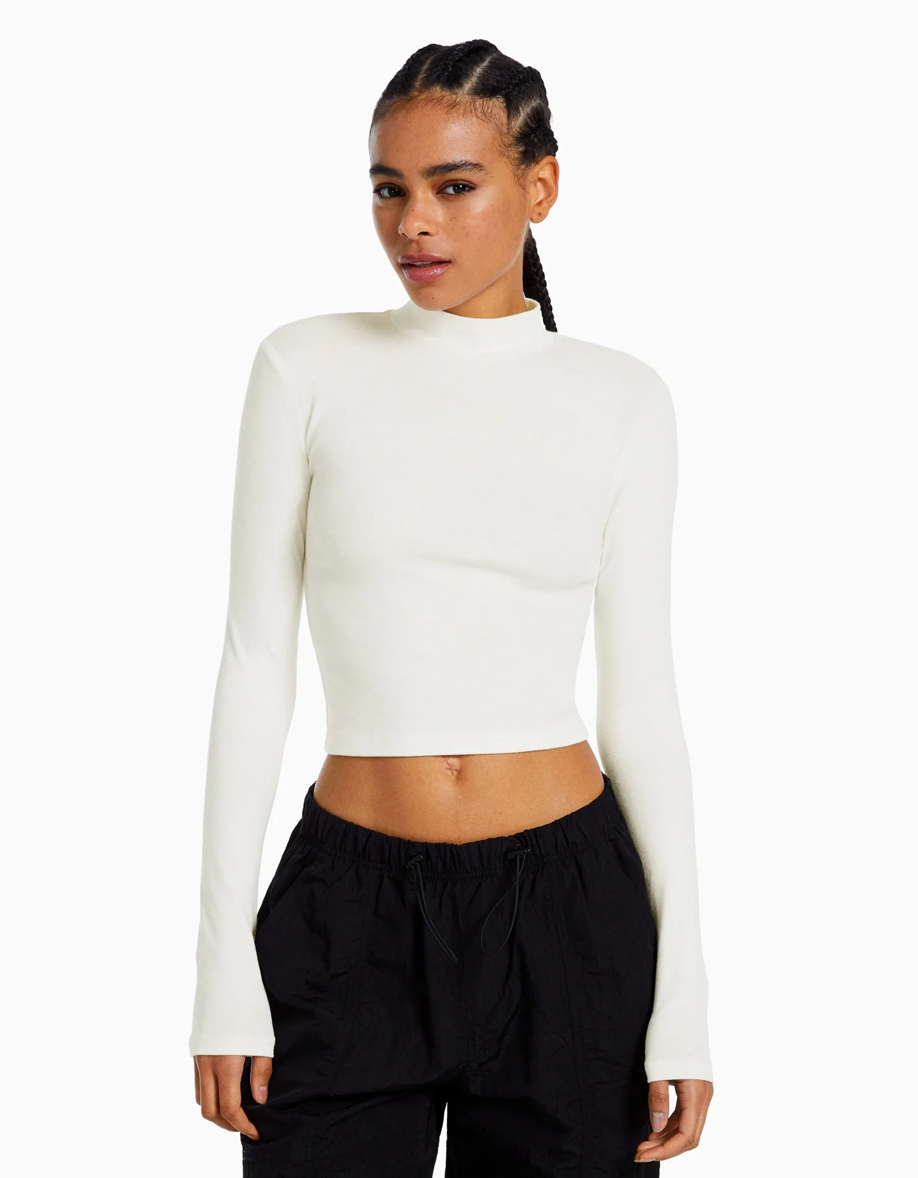 BERSHKA T-shirt col roulé manches longues Blanc cassé Outlet