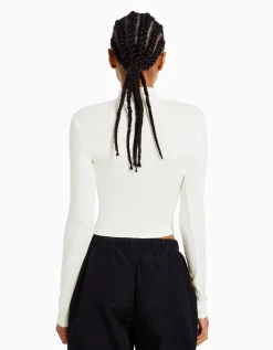BERSHKA T-shirt col roulé manches longues Blanc cassé Outlet