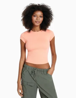 BERSHKA T-shirt manches courtes bord côte Orange Outlet