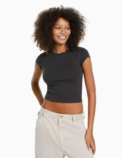 BERSHKA T-shirt manches courtes bord côte Gris Sale