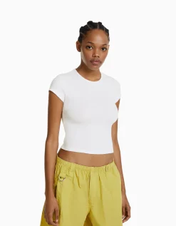 BERSHKA T-shirt manches courtes bord côte Blanc cassé Shop