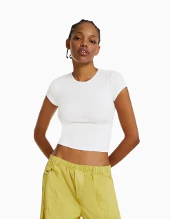 BERSHKA T-shirt manches courtes bord côte Blanc cassé Shop