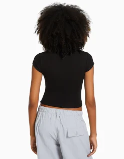 BERSHKA T-shirt manches courtes bord côte Noir Clearance