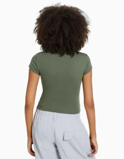 BERSHKA T-shirt manches courtes bord côte Kaki Best