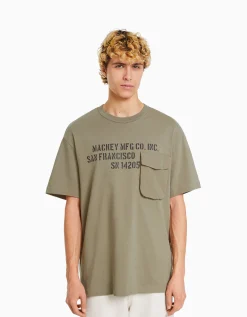 BERSHKA T-shirt manches courtes boxy fit imprimé poche Kaki Cheap