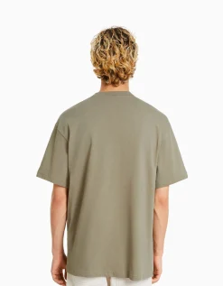 BERSHKA T-shirt manches courtes boxy fit imprimé poche Kaki Cheap