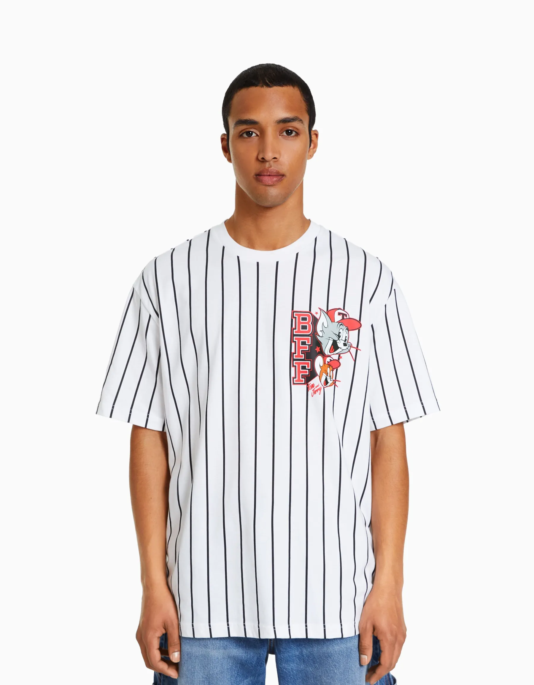 BERSHKA T-shirt manches courtes boxy fit imprimé Tom & Jerry Blanc Outlet