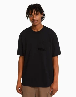 BERSHKA T-shirt manches courtes boxy fit poche Blanc Hot