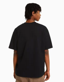 BERSHKA T-shirt manches courtes boxy fit poche Blanc Hot