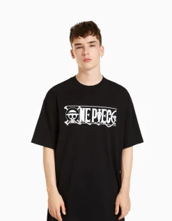 BERSHKA T-shirt manches courtes boxy fit imprimé One Piece Noir Cheap