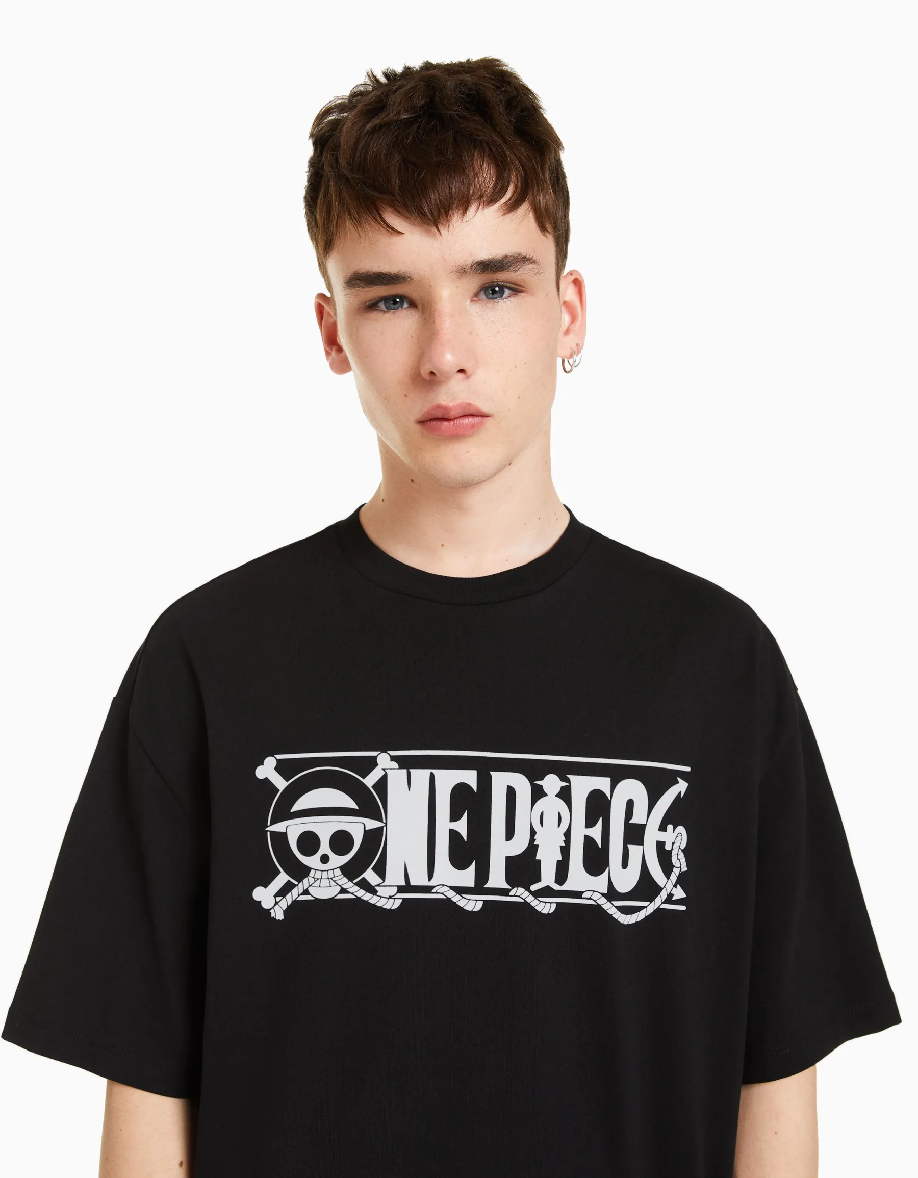 BERSHKA T-shirt manches courtes boxy fit imprimé One Piece Noir Cheap