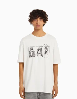 BERSHKA T-shirt manches courtes boxy fit Kurt Kobain Blanc Sale