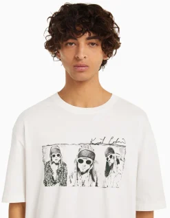 BERSHKA T-shirt manches courtes boxy fit Kurt Kobain Blanc Sale