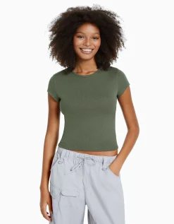 BERSHKA T-shirt manches courtes bord côte Kaki Shop