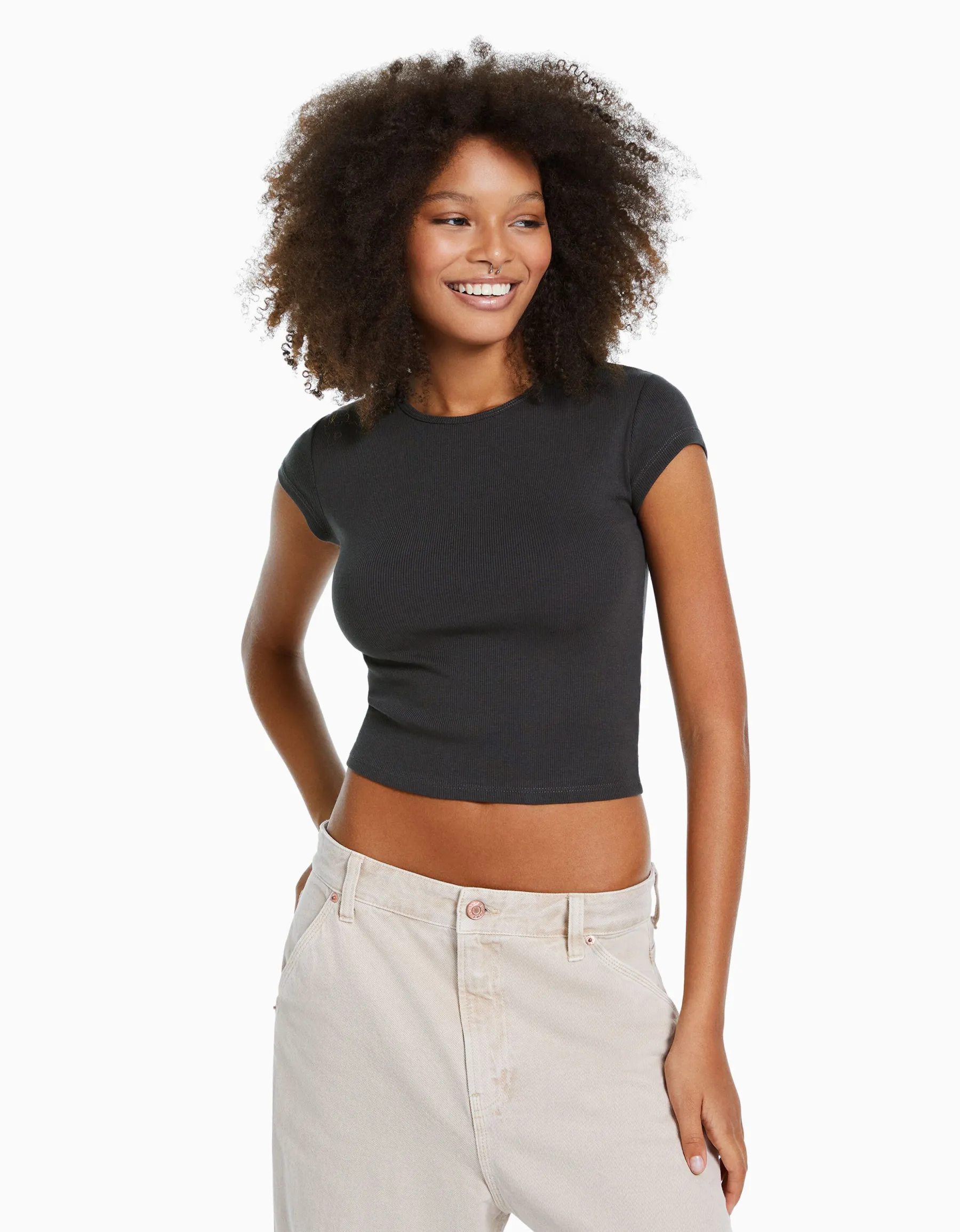 BERSHKA T-shirt manches courtes bord côte Gris Store