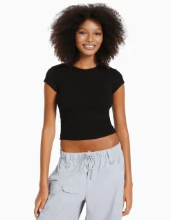BERSHKA T-shirt manches courtes bord côte Noir Best