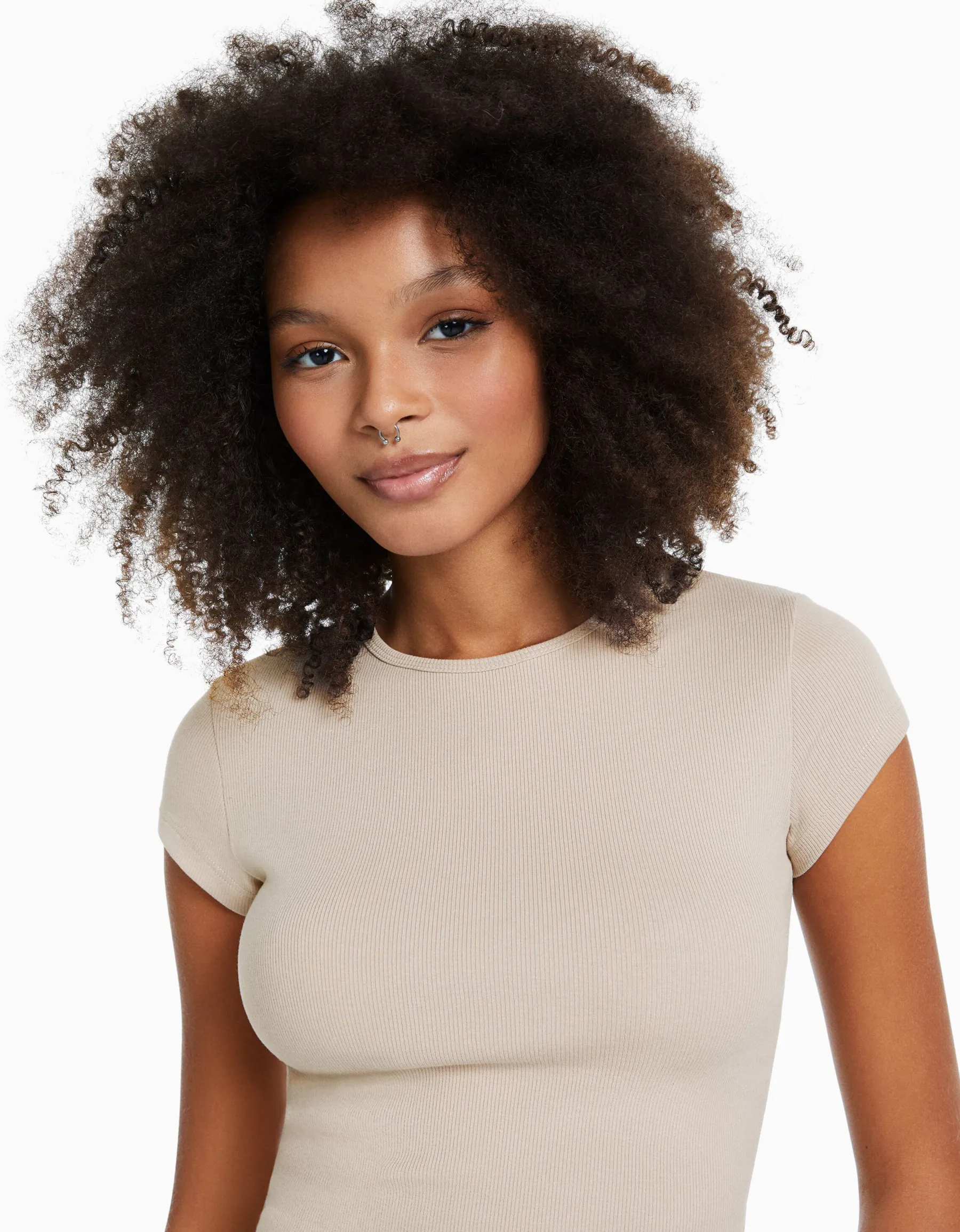 BERSHKA T-shirt manches courtes bord côte Sable Hot