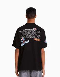 BERSHKA T-shirt manches courtes boxy fit racing Noir Hot