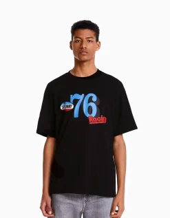 BERSHKA T-shirt manches courtes boxy fit racing Noir Clearance