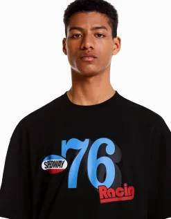 BERSHKA T-shirt manches courtes boxy fit racing Noir Clearance