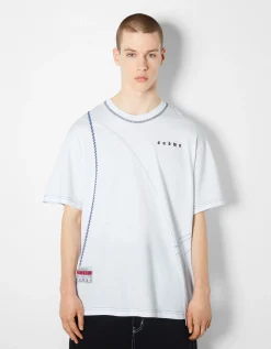 BERSHKA T-shirt manches courtes boxy fit fil contraste Blanc Cheap