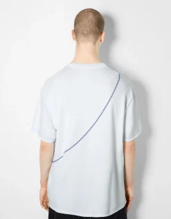 BERSHKA T-shirt manches courtes boxy fit fil contraste Blanc Cheap