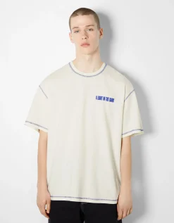 BERSHKA T-shirt manches courtes boxy fit fil contraste imprimé lettering Blanc Shop