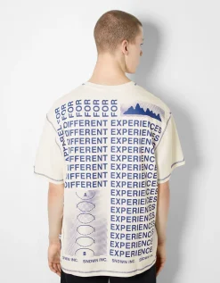 BERSHKA T-shirt manches courtes boxy fit fil contraste imprimé lettering Blanc Shop