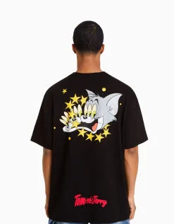 BERSHKA T-shirt manches courtes boxy fit imprimé Tom & Jerry Noir Outlet
