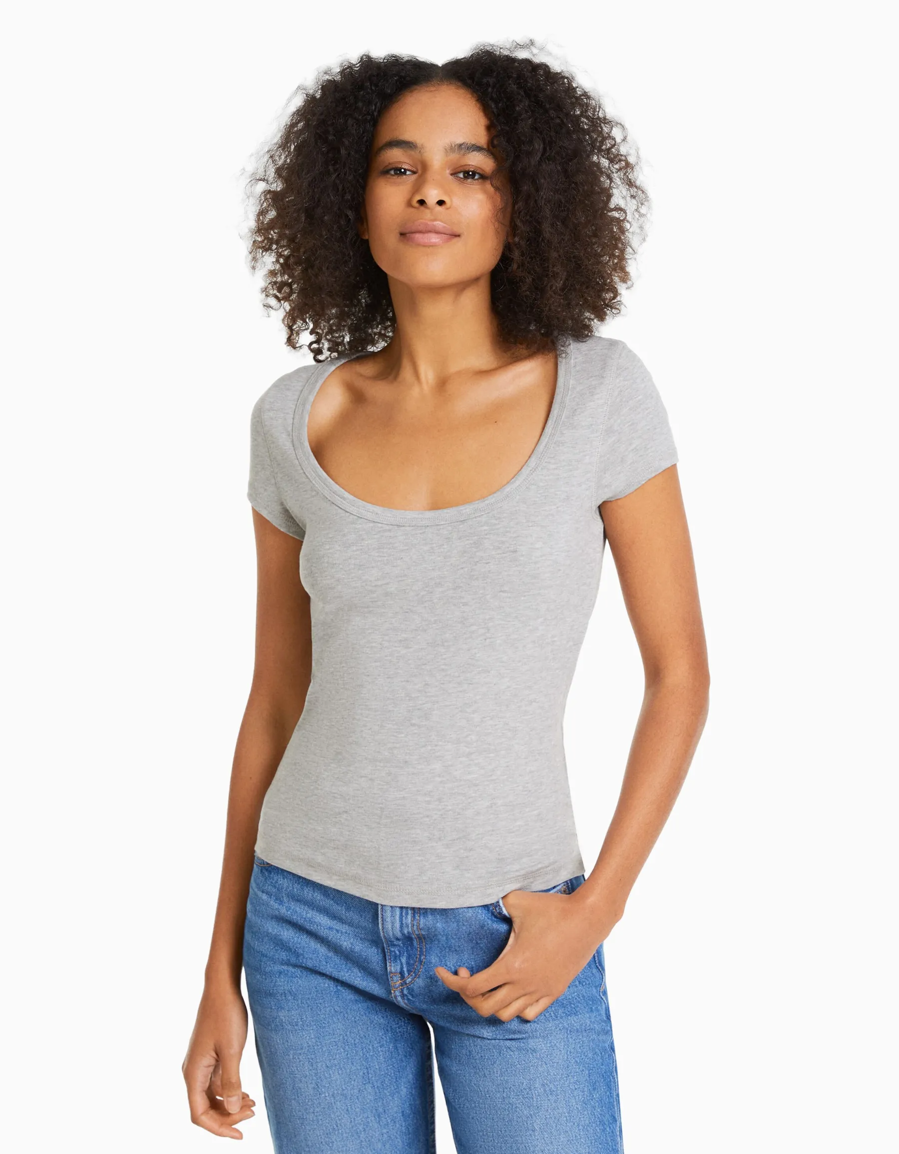 BERSHKA T-shirt manches courtes col rond Bleu lavé Cheap