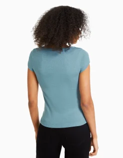 BERSHKA T-shirt manches courtes col rond Bleu lavé Cheap