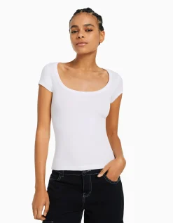 BERSHKA T-shirt manches courtes col rond Bleu lavé Flash Sale