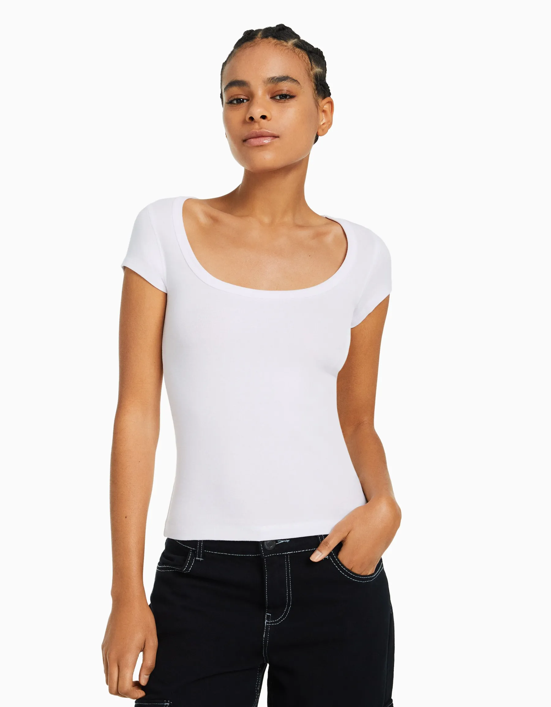 BERSHKA T-shirt manches courtes col rond Bleu lavé Flash Sale