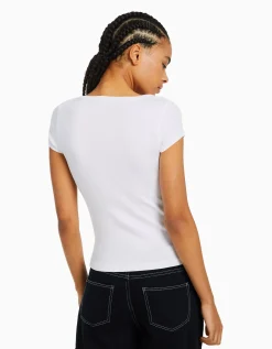 BERSHKA T-shirt manches courtes col rond Bleu lavé Flash Sale