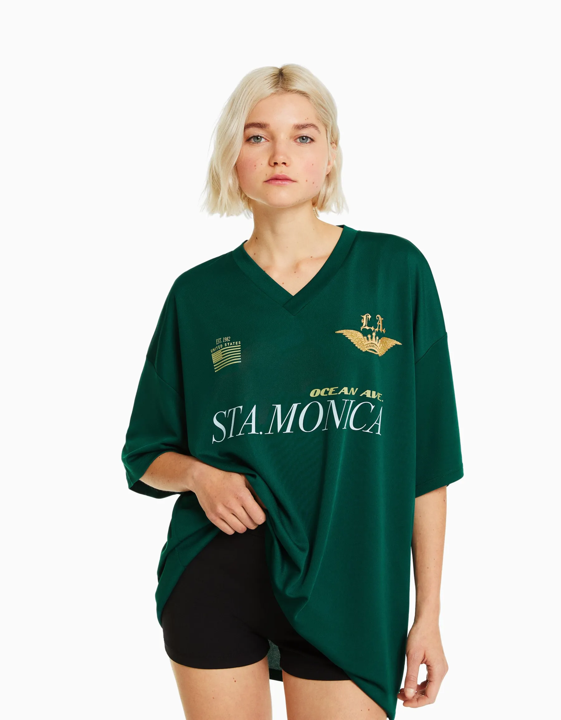 BERSHKA T-shirt manches courtes col polo football Vert Best