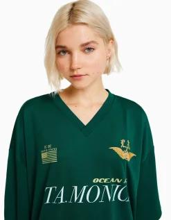 BERSHKA T-shirt manches courtes col polo football Vert Best